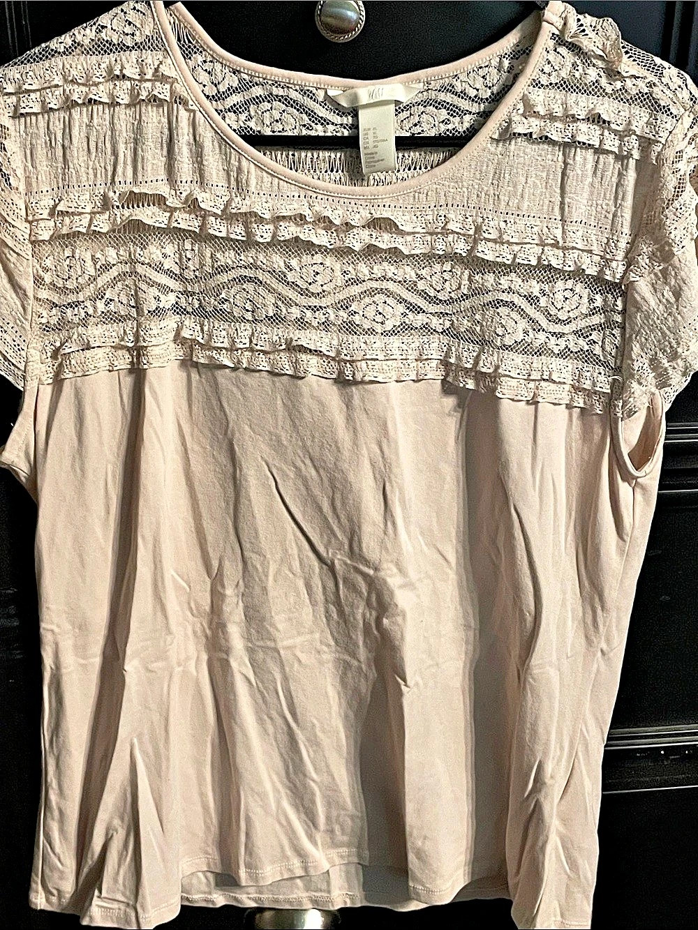 H&M Lace Yoke Short Sleeve Top in Pink XL
